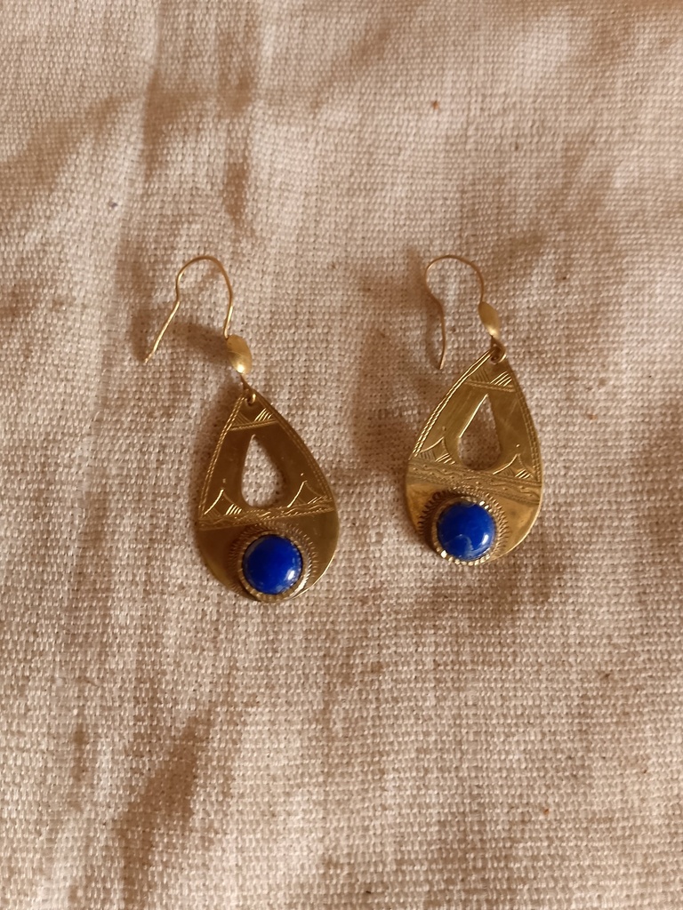 Boucles d'Oreilles en Bronze Poli avec Pierre Bleue